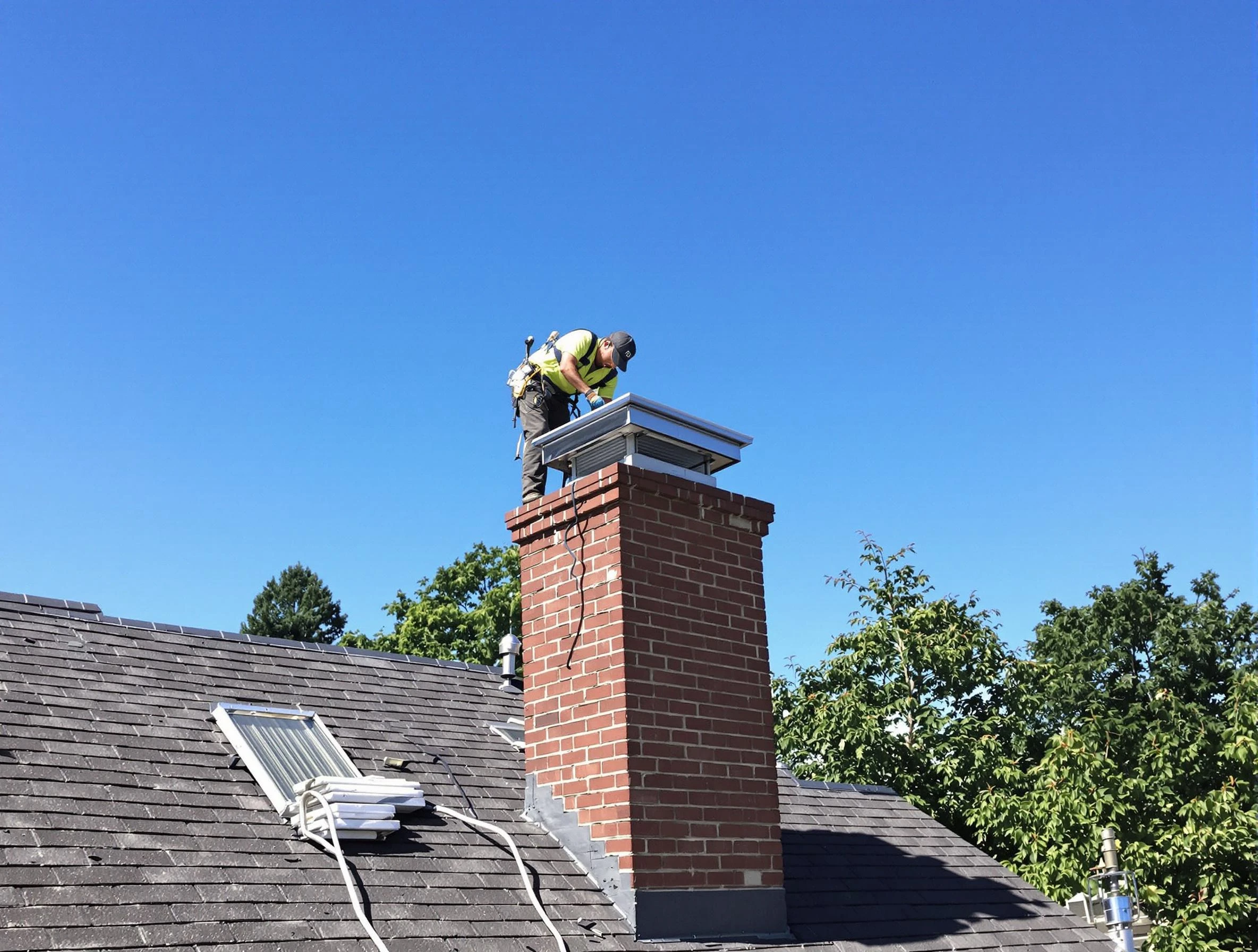 Dumbarton Chimney Sweep technician measuring a chimney cap in Dumbarton, VA