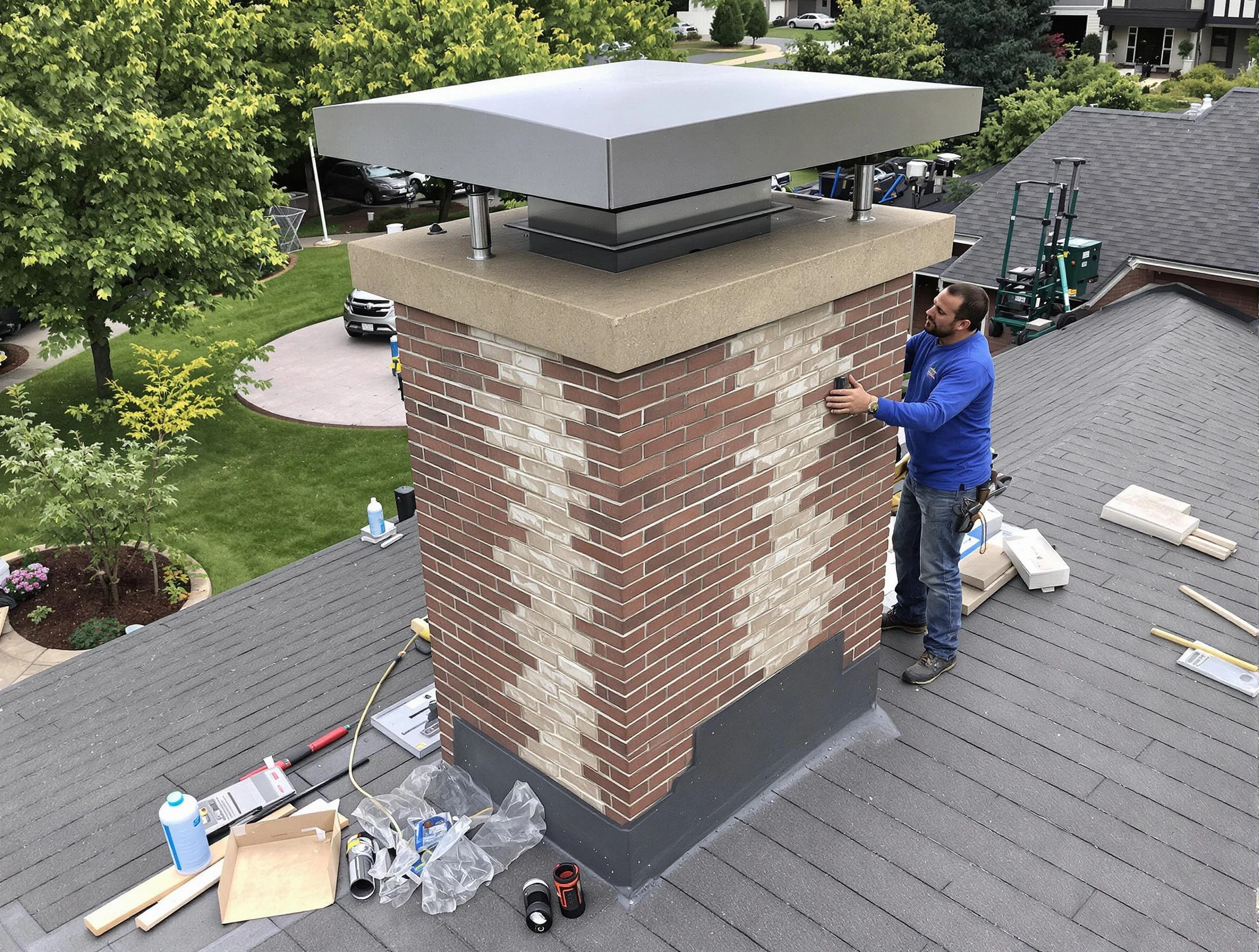 Dumbarton Chimney Sweep team working on a custom chimney remodel in Dumbarton, VA